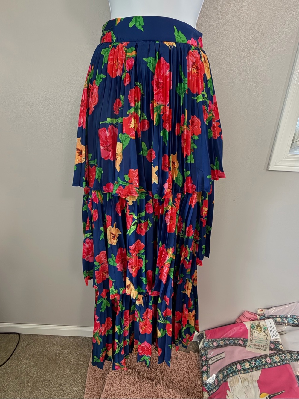 NWOT Aratta Silent Journey- Floral Tiered Maxi Skirt with Red & Yellow Blooms